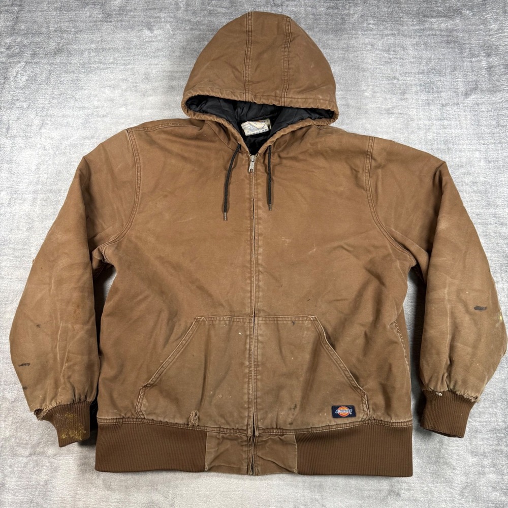 Dickies Jacket Mens XL Brown Duck Canvas Hooded Work Distressed Workwear Grunge